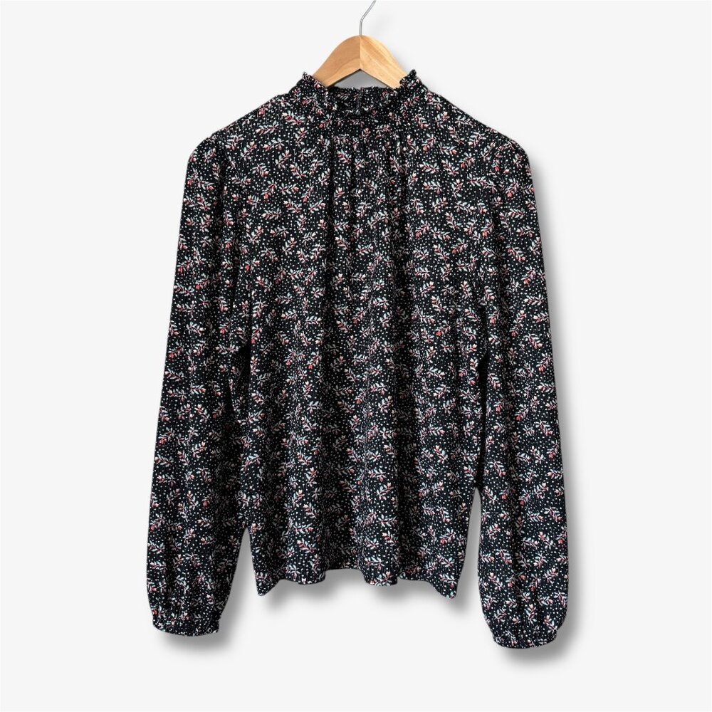 LOFT Vine Smocked Mock Neck Top Womens Medium Twee Dark Floral Cottagecore - Picture 2 of 15